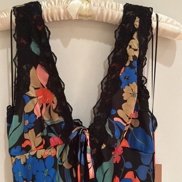 LINGERIE INSPIRED DRESS BLACK FLORAL PRINT WITH BLACK LACE DETAILS LINED SIZE S - Picture 7 of 13